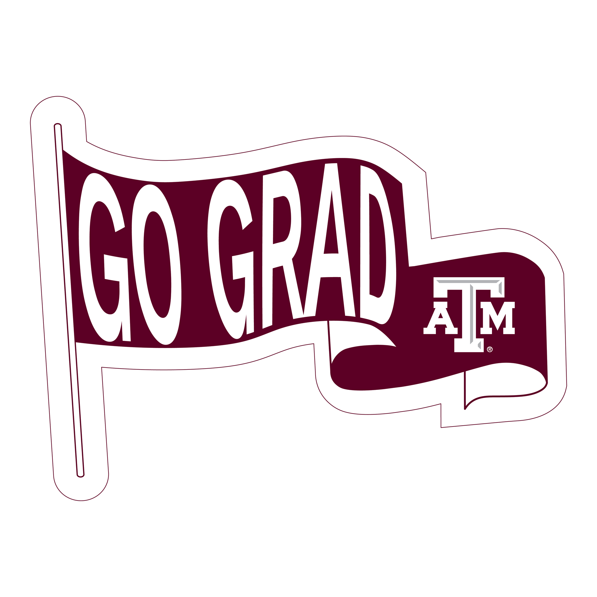 A maroon and white "Go Grad" graphic design in the shape of a pennant banner. 