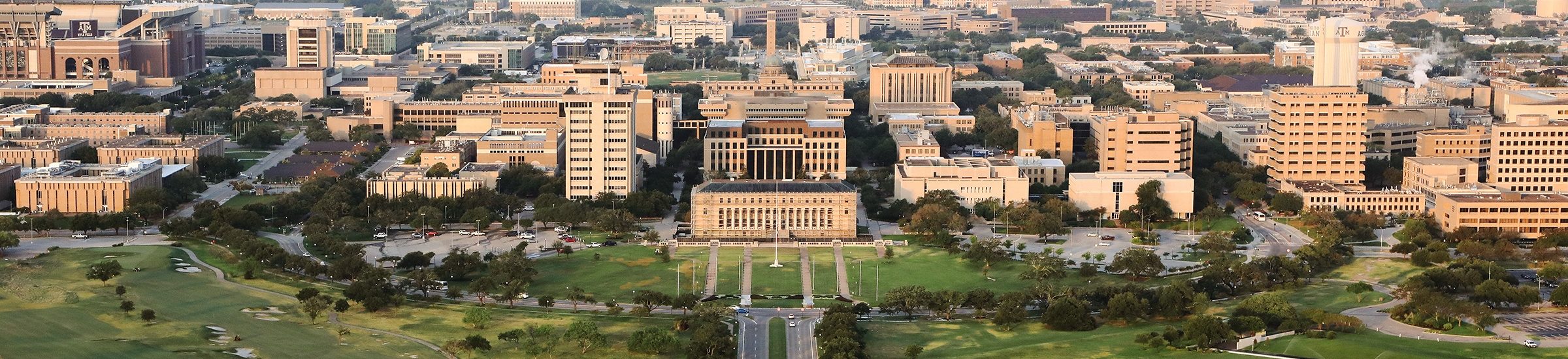 An aerial panorama photo of Texas A&M’s campus in Bryan-College Station, Texas